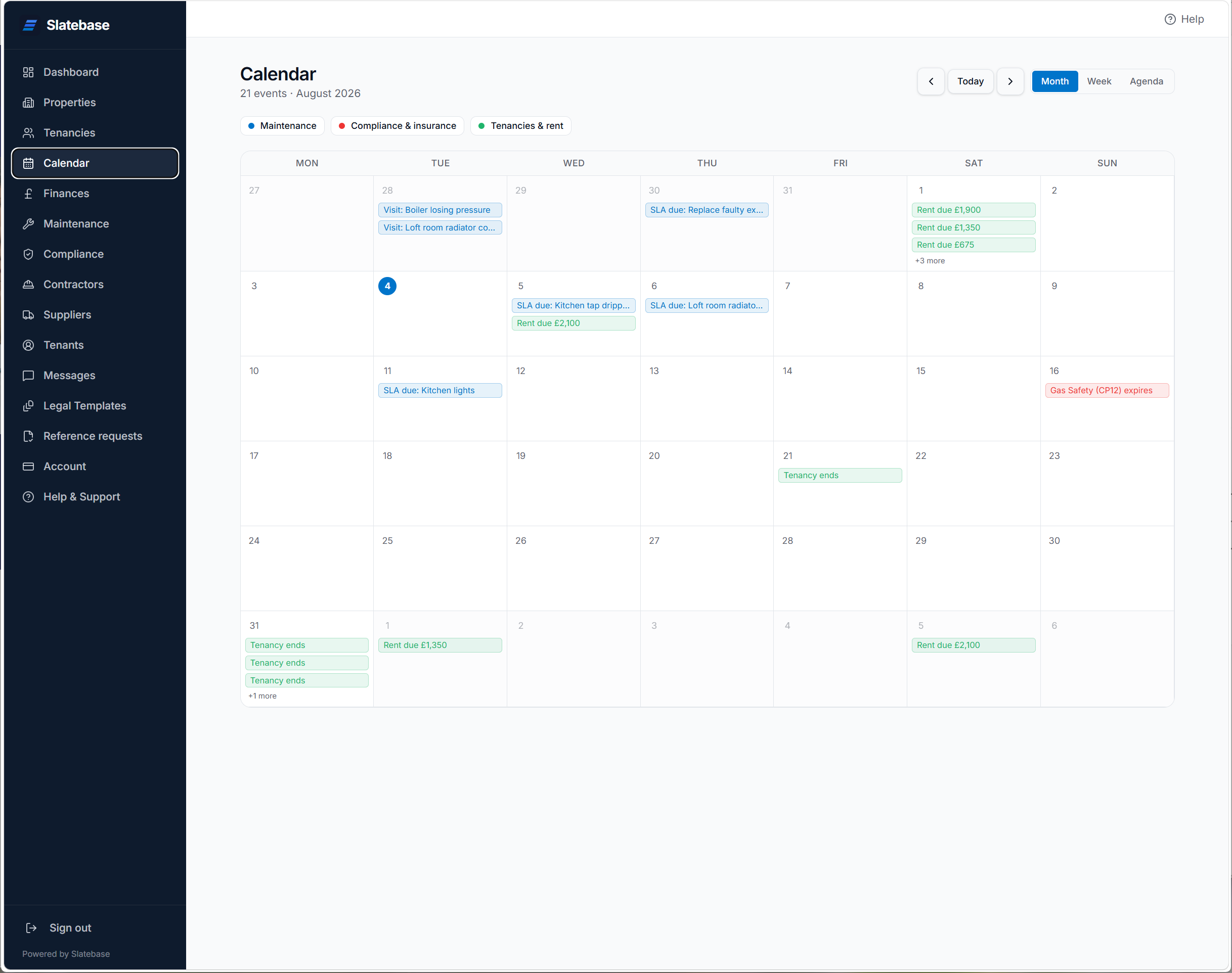 Slatebase calendar showing maintenance, compliance, and rent due dates colour-coded